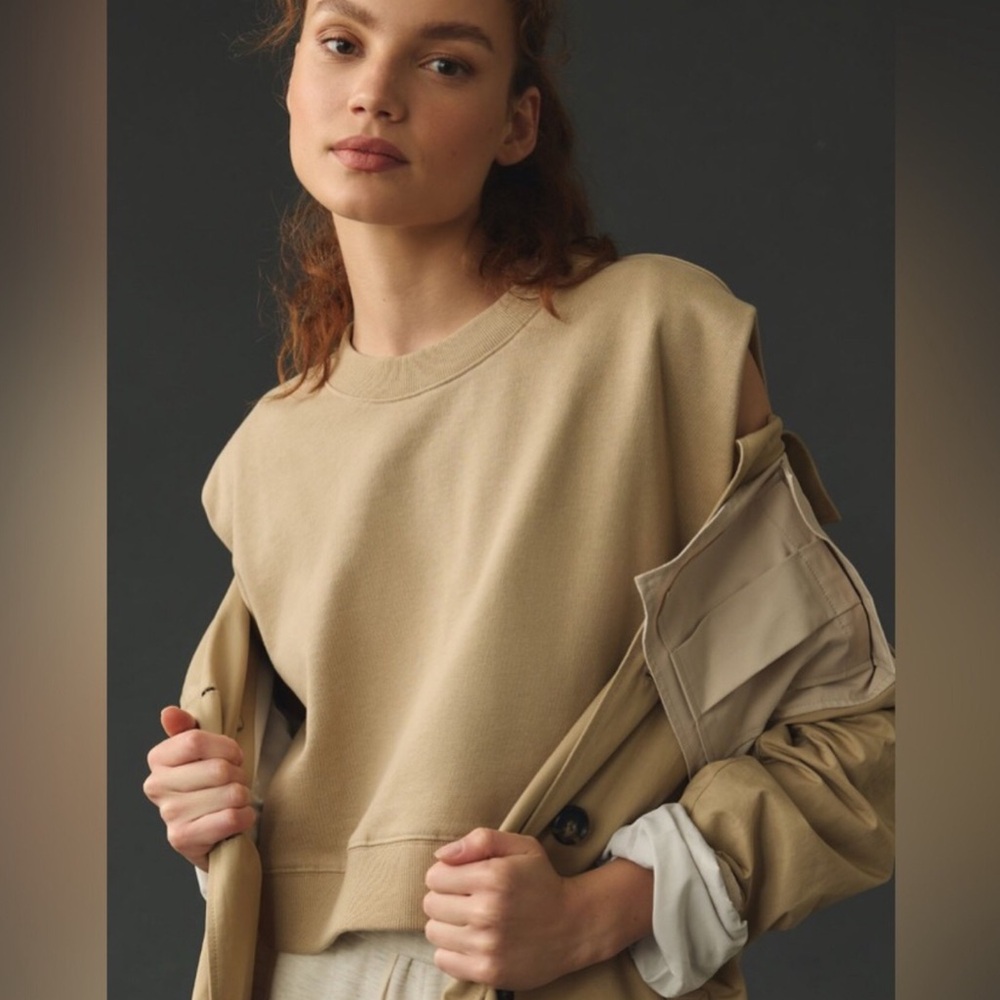 Anthropologie Sandstone Cutout-Sleeve Cropped Sweatshirt